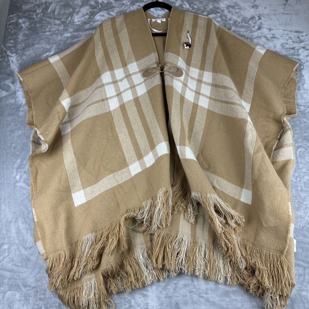 Charter Club Poncho Shawl Women's One Size Tan/Cream Plaid Throw Fox‎ Pin (0806)